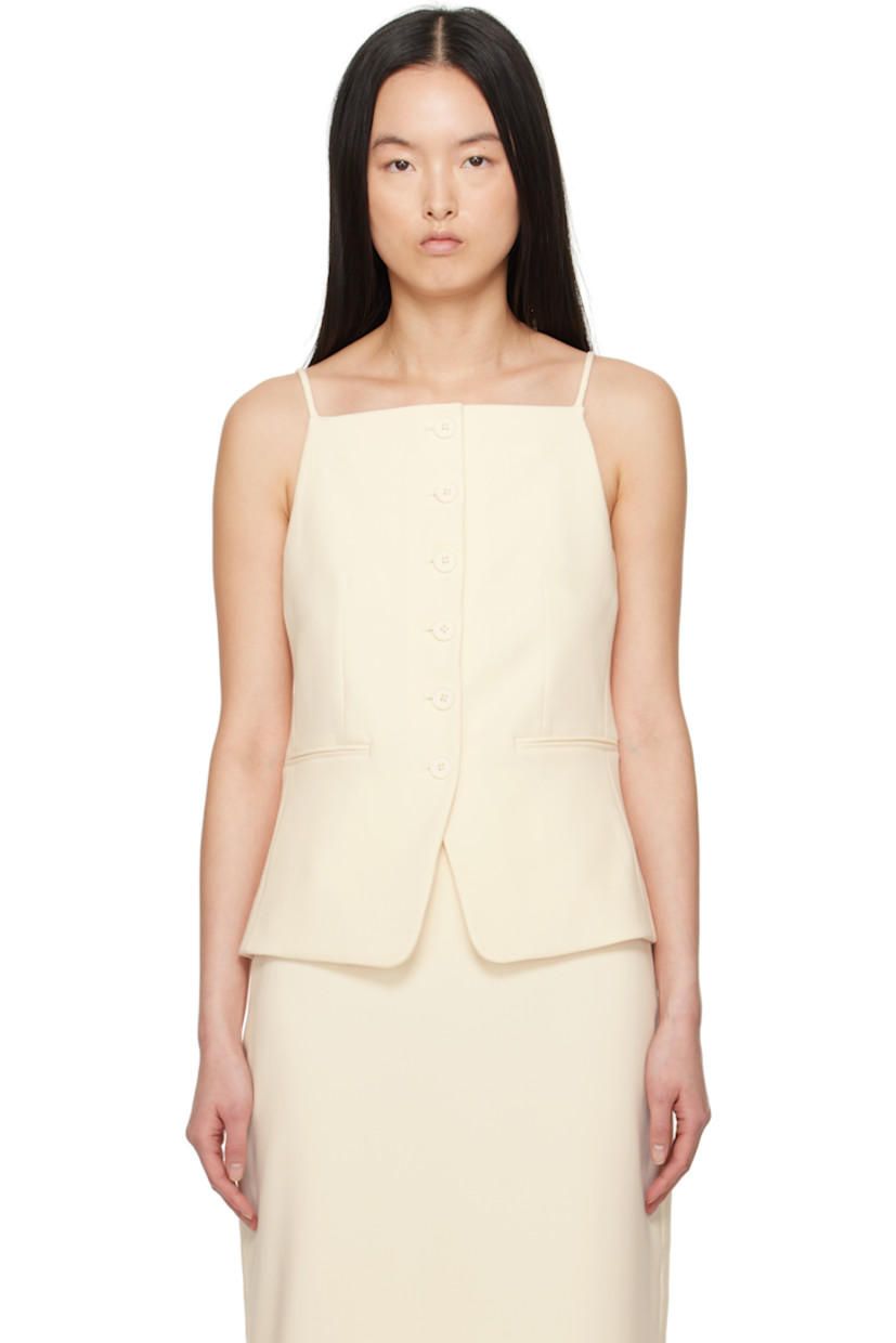 Stretch polyester- and viscose-blend jersey tank top. 

· Square neck
· Button closure
· Darts at front
· Welt pockets
· Fixed spaghetti straps
· Central vent at back hem
· Full stretch polyester satin lining

Supplier color: Ecru