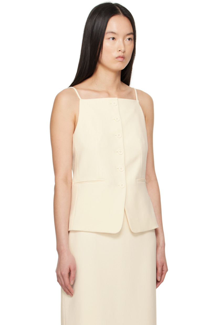 Stretch polyester- and viscose-blend jersey tank top. 

· Square neck
· Button closure
· Darts at front
· Welt pockets
· Fixed spaghetti straps
· Central vent at back hem
· Full stretch polyester satin lining

Supplier color: Ecru