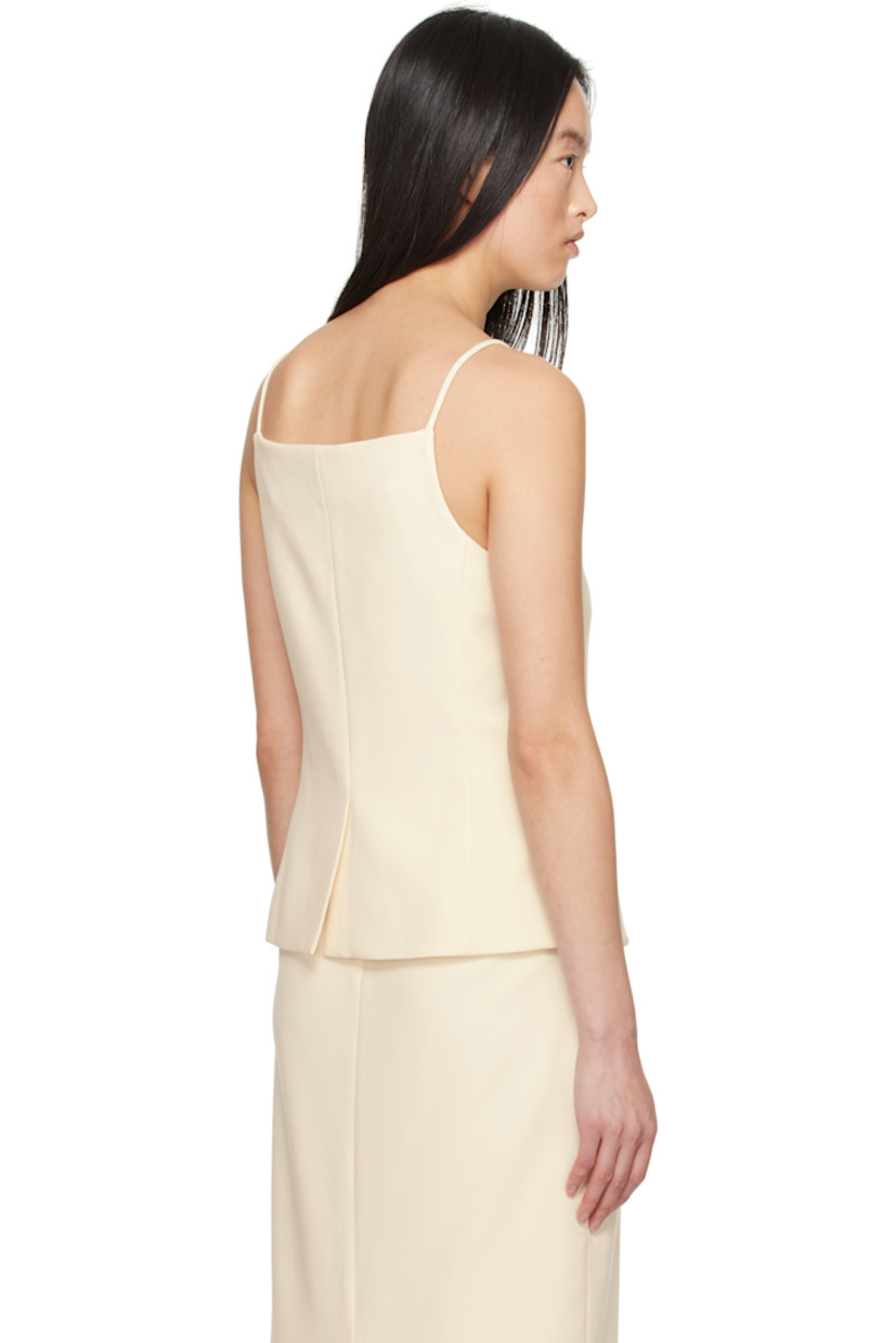 Stretch polyester- and viscose-blend jersey tank top. 

· Square neck
· Button closure
· Darts at front
· Welt pockets
· Fixed spaghetti straps
· Central vent at back hem
· Full stretch polyester satin lining

Supplier color: Ecru