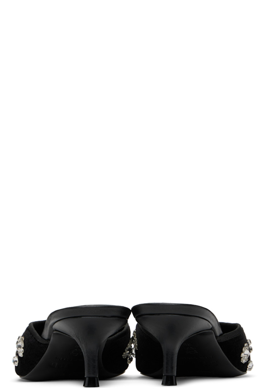 Velvet heels in black. 

· Square toe
· Crystal-cut appliqués at vamp
· Grosgrain trim at collar
· Logo embossed at leather footbed
· Grained leather lining
· Kitten heel with rubber injection
· Polished leather sole
· Heel: H1.75"

Supplier color: Starry night