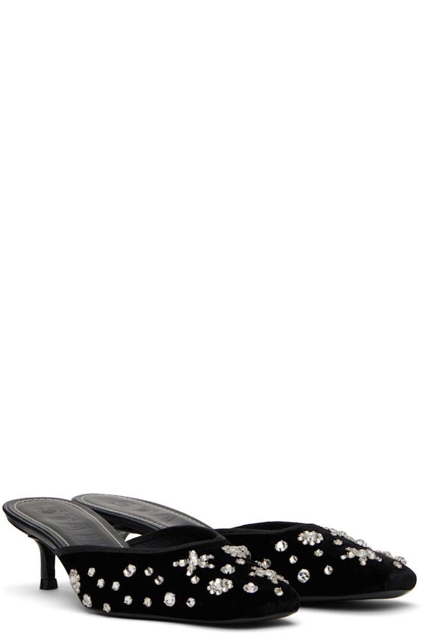 Velvet heels in black. 

· Square toe
· Crystal-cut appliqués at vamp
· Grosgrain trim at collar
· Logo embossed at leather footbed
· Grained leather lining
· Kitten heel with rubber injection
· Polished leather sole
· Heel: H1.75"

Supplier color: Starry night