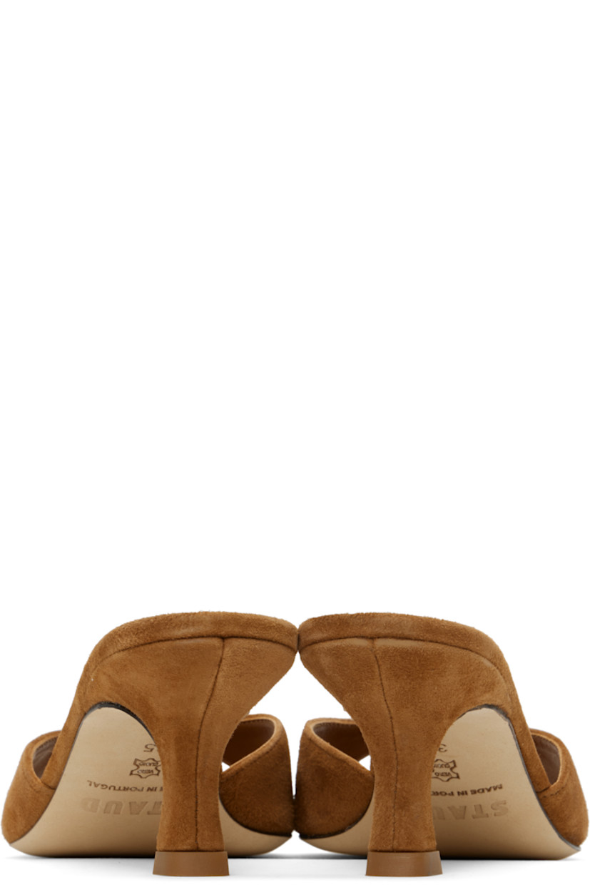 Suede mules in tan.

· Open toe
· Logo stamp at buffed leather footbed
· Covered kitten heel with rubber injection
· Leather sole
· Heel: H2.25"

Supplier color: Tan