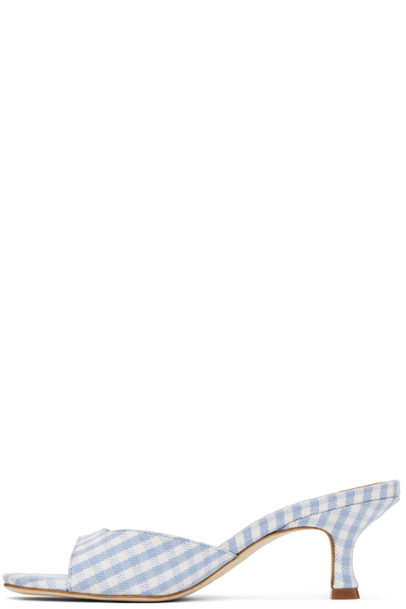 Cotton- and linen-blend canvas slip-on heeled sandals in blue and white.

· Check pattern throughout
· Open toe
· Grained leather lining
· Logo embossed at padded leather footbed
· Covered kitten heel with rubber injection
· Suede sole
· Heel: H2.25"

Supplier color: Sky micro check