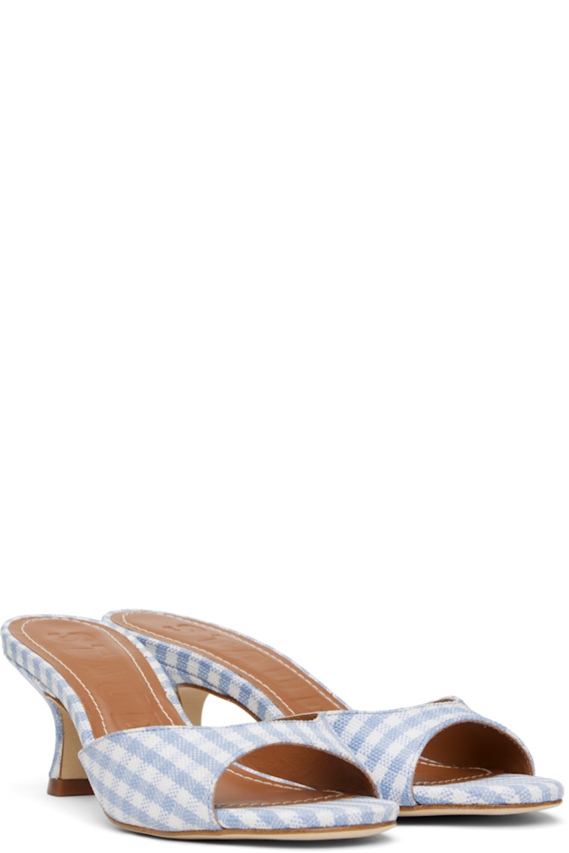 Cotton- and linen-blend canvas slip-on heeled sandals in blue and white.

· Check pattern throughout
· Open toe
· Grained leather lining
· Logo embossed at padded leather footbed
· Covered kitten heel with rubber injection
· Suede sole
· Heel: H2.25"

Supplier color: Sky micro check