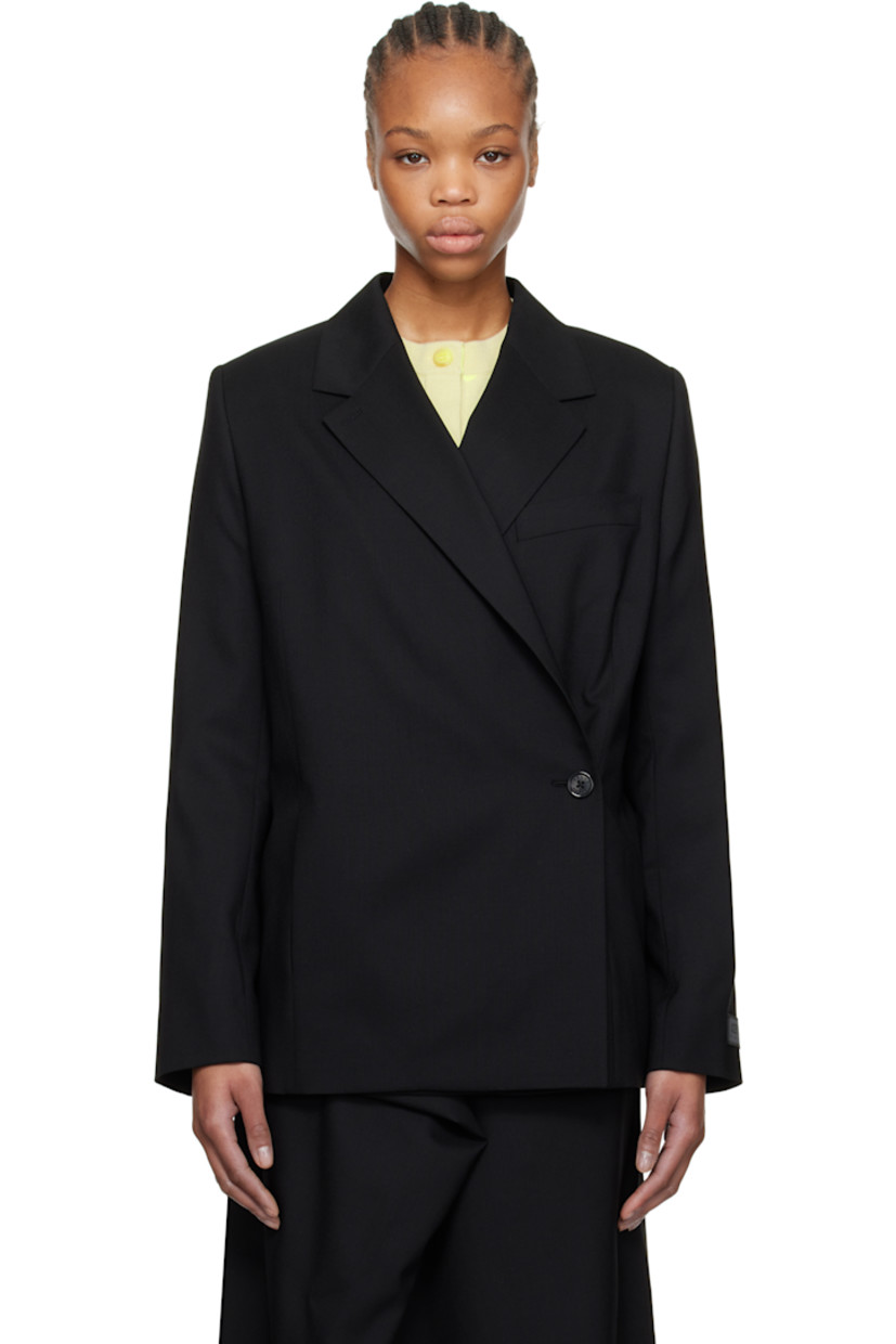 Plain-woven virgin wool blazer. 

· Notched lapel
· Double-breasted button closure
· Welt pockets
· Padded shoulders
· Embroidered logo patch at cuff
· Central vent at back hem 
· Welt pocket at interior
· Full logo-woven satin lining 

Supplier color: Black