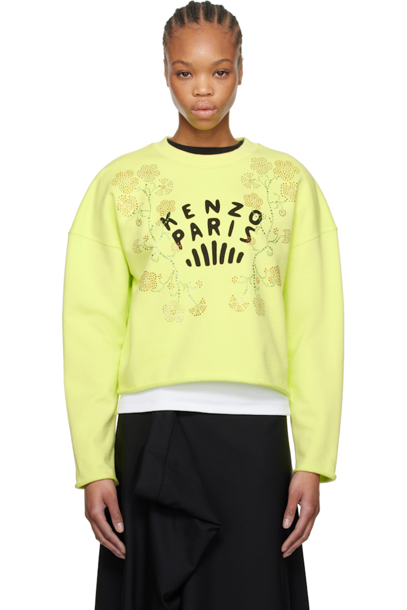 French terry sweatshirt. 

· Rib-knit crewneck
· Crystal-cut floral graphics and printed logo at front 
· Rolled raw edge at hem and cuffs
· Dropped shoulders

Supplier color: Lemon