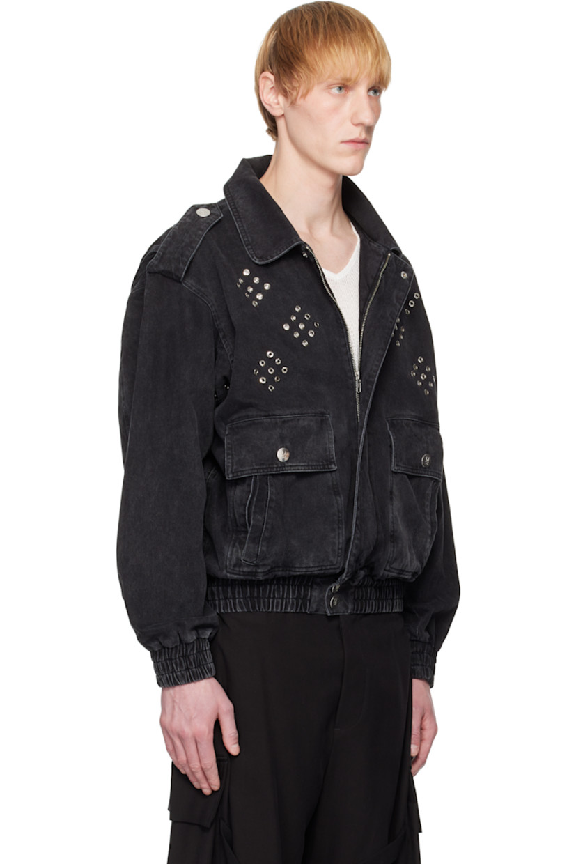 Non-stretch denim jacket. Fading throughout. 

· Spread collar
· Concealed two-way zip closure
· Grommets at front and underarms
· Flap pockets and welt pockets
· Elasticized hem and cuffs
· Epaulets
· Dropped shoulders
· Twin pleats at back 
· Logo-engraved silver-tone hardware

Supplier color: Black