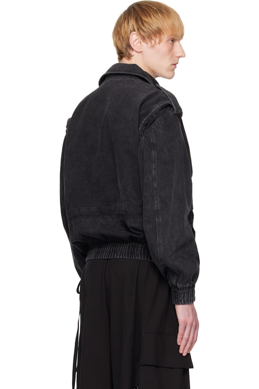 Non-stretch denim jacket. Fading throughout. 

· Spread collar
· Concealed two-way zip closure
· Grommets at front and underarms
· Flap pockets and welt pockets
· Elasticized hem and cuffs
· Epaulets
· Dropped shoulders
· Twin pleats at back 
· Logo-engraved silver-tone hardware

Supplier color: Black