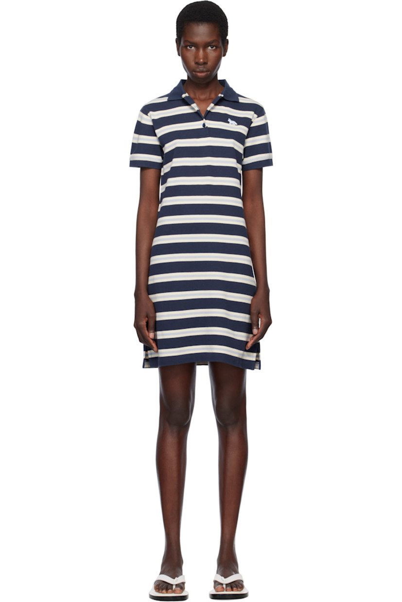 Cotton piqué minidress. Jacquard stripes throughout.

· Rib-knit spread collar and cuffs
· Three-button placket
· Embroidered logo patch at chest
· Vented side seams
· Logo-engraved navy hardware

Supplier color: Ink blue/Hortensia/Marble