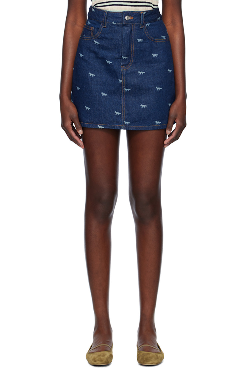 Non-stretch denim miniskirt. Logo pattern laser-printed throughout. 

· Belt loops
· Five-pocket styling
· Zip fly
· Logo patch at back waistband
· Contrast stitching in tan

Supplier color: Dark laser profile fox