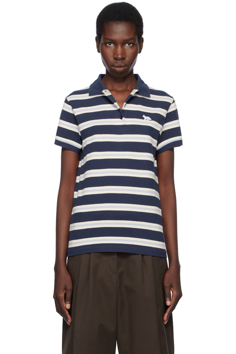Cotton piqué polo. Jacquard stripes throughout.

· Rib-knit spread collar and cuffs
· Three-button placket
· Embroidered logo patch at chest
· Logo-engraved black hardware

Supplier color: Ink blue/Hortensia/Marble