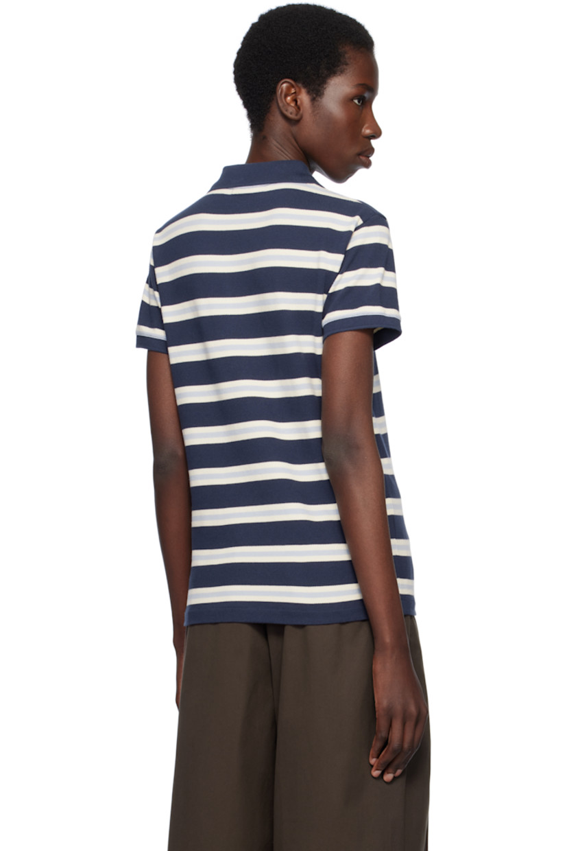 Cotton piqué polo. Jacquard stripes throughout.

· Rib-knit spread collar and cuffs
· Three-button placket
· Embroidered logo patch at chest
· Logo-engraved black hardware

Supplier color: Ink blue/Hortensia/Marble