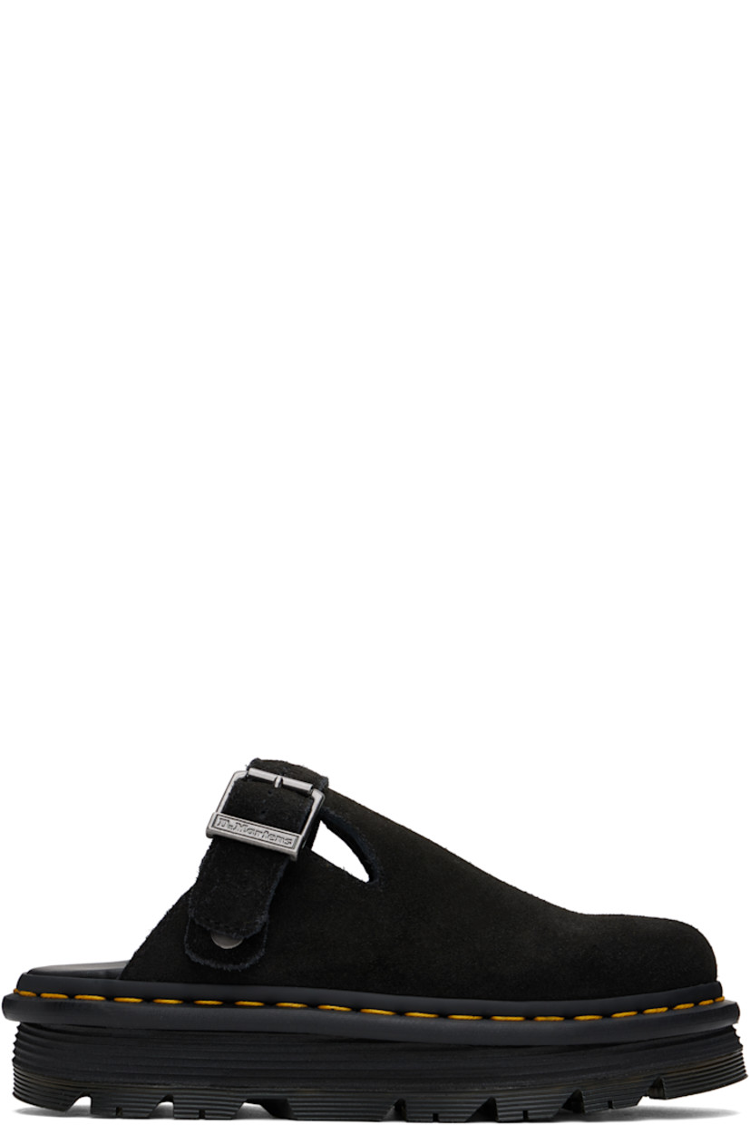 Suede slip-on loafers in black.

· Convertible pin-buckle slingback strap
· Yellow topstitching at heat-sealed Goodyear welt
· Platform rubber midsole
· Treaded Air Cushion rubber sole
· Logo-engraved gunmetal-tone hardware
· Platform: H1.25"
· Heel: H1.5"

Supplier color: Black