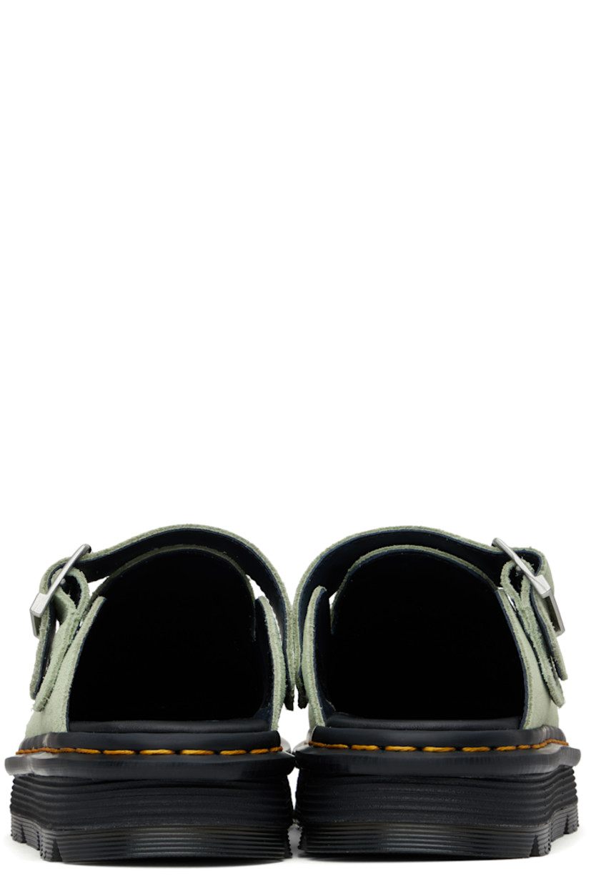 Suede slip-on loafers in green.

· Convertible pin-buckle slingback strap
· Buffed faux-leather lining
· Yellow topstitching at heat-sealed Goodyear welt
· Textured rubber platform midsole
· Treaded rubber sole
· Logo-engraved antiqued silver-tone hardware
· Platform: H1.75"

Supplier color: Sage green -- E.H. suede