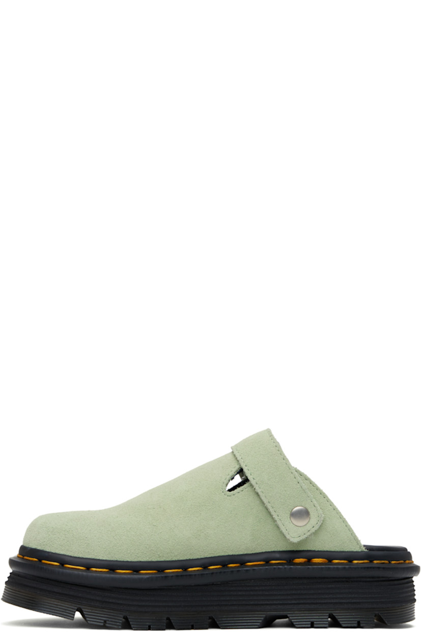 Suede slip-on loafers in green.

· Convertible pin-buckle slingback strap
· Buffed faux-leather lining
· Yellow topstitching at heat-sealed Goodyear welt
· Textured rubber platform midsole
· Treaded rubber sole
· Logo-engraved antiqued silver-tone hardware
· Platform: H1.75"

Supplier color: Sage green -- E.H. suede