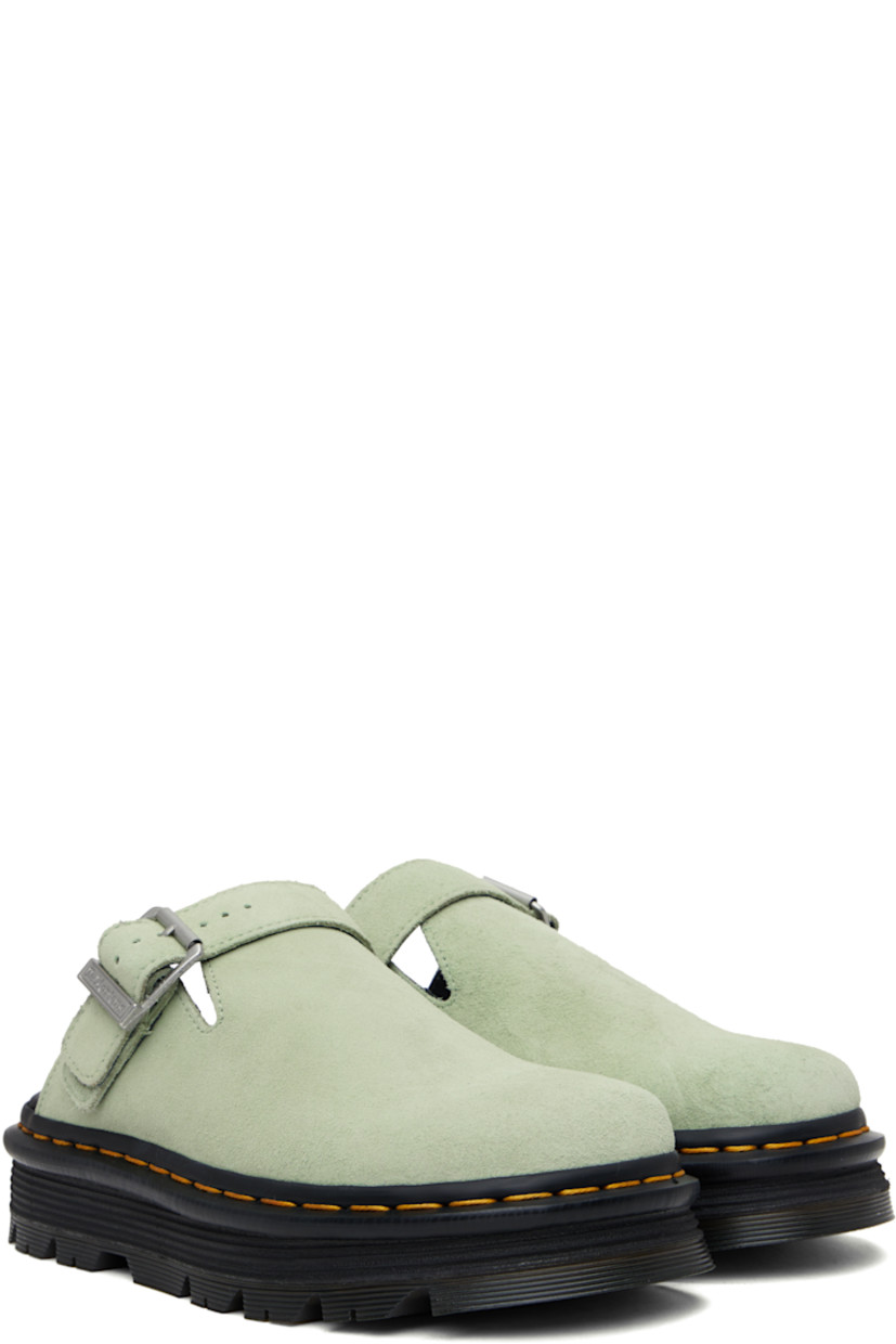 Suede slip-on loafers in green.

· Convertible pin-buckle slingback strap
· Buffed faux-leather lining
· Yellow topstitching at heat-sealed Goodyear welt
· Textured rubber platform midsole
· Treaded rubber sole
· Logo-engraved antiqued silver-tone hardware
· Platform: H1.75"

Supplier color: Sage green -- E.H. suede