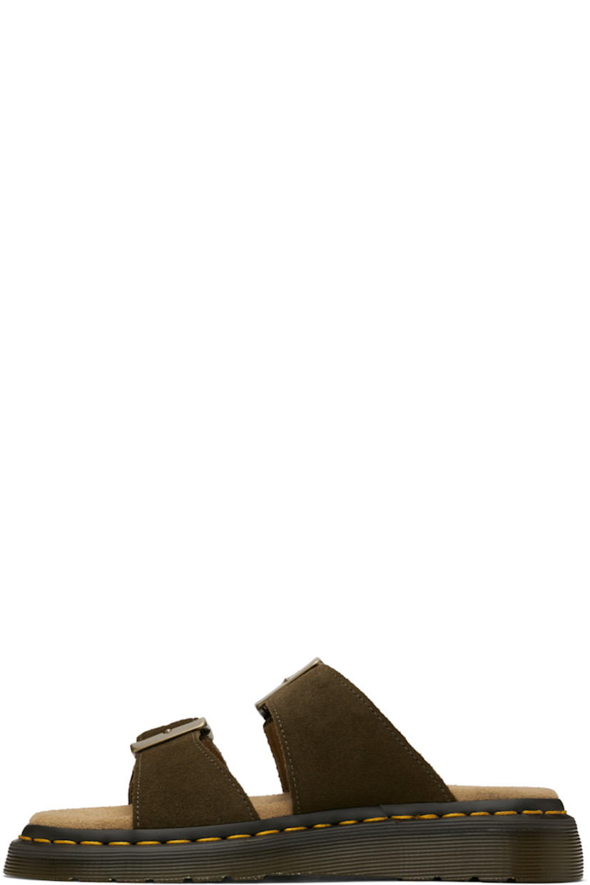 Suede sandals in khaki.

· Open toe
· Pin-buckle straps at vamp
· Logo embossed at padded footbed
· Yellow topstitching at heat-sealed Goodyear welt
· Textured Air Cushion rubber platform midsole
· Treaded rubber sole
· Logo-engraved antiqued gold-tone hardware
· Platform: H1.25"

Supplier color: Olive/Bronx suede