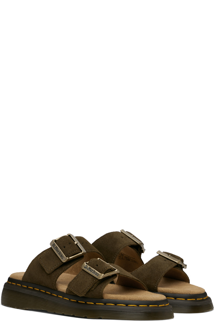 Suede sandals in khaki.

· Open toe
· Pin-buckle straps at vamp
· Logo embossed at padded footbed
· Yellow topstitching at heat-sealed Goodyear welt
· Textured Air Cushion rubber platform midsole
· Treaded rubber sole
· Logo-engraved antiqued gold-tone hardware
· Platform: H1.25"

Supplier color: Olive/Bronx suede