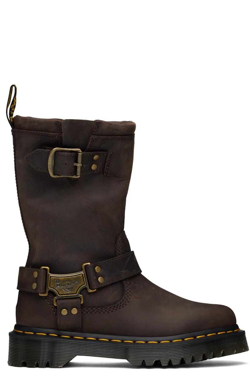 Mid-calf waxed buffed leather boots in brown.

· Fading throughout
· Pull-loop at heel collar
· Harness-style ankle strap
· Gusset and pin-buckle strap at outer side
· Yellow topstitching at heat-sealed Goodyear welt
· Treaded Air Cushion rubber sole

Supplier color: Dark brown burnished