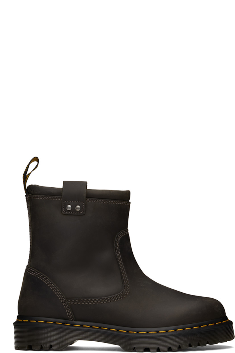 Ankle-high waxed buffed leather boots in gray.

· Fading throughout
· Pull-loops at collar
· Logo-engraved rivets at sides
· Yellow topstitching at heat-sealed Goodyear welt
· Treaded Air Cushion rubber sole

Supplier color: Charcoal grey