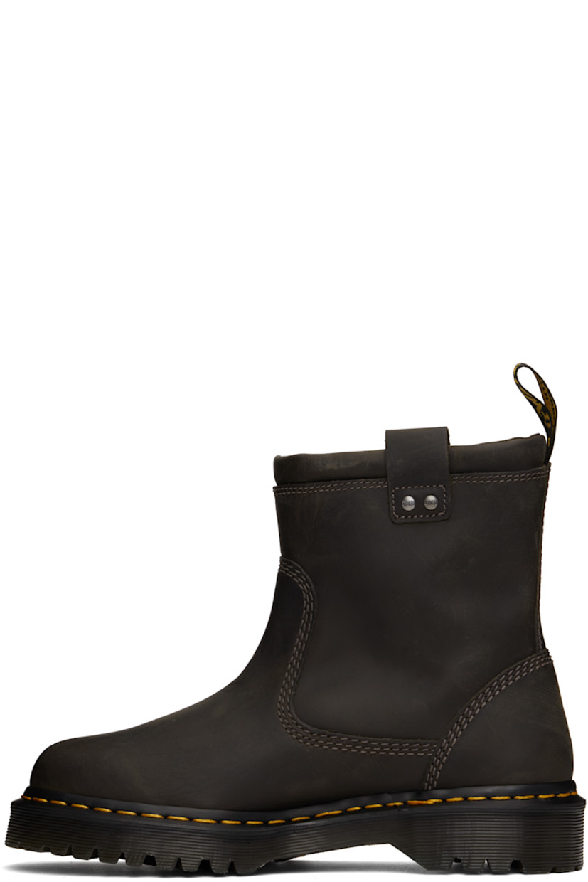 Ankle-high waxed buffed leather boots in gray.

· Fading throughout
· Pull-loops at collar
· Logo-engraved rivets at sides
· Yellow topstitching at heat-sealed Goodyear welt
· Treaded Air Cushion rubber sole

Supplier color: Charcoal grey
