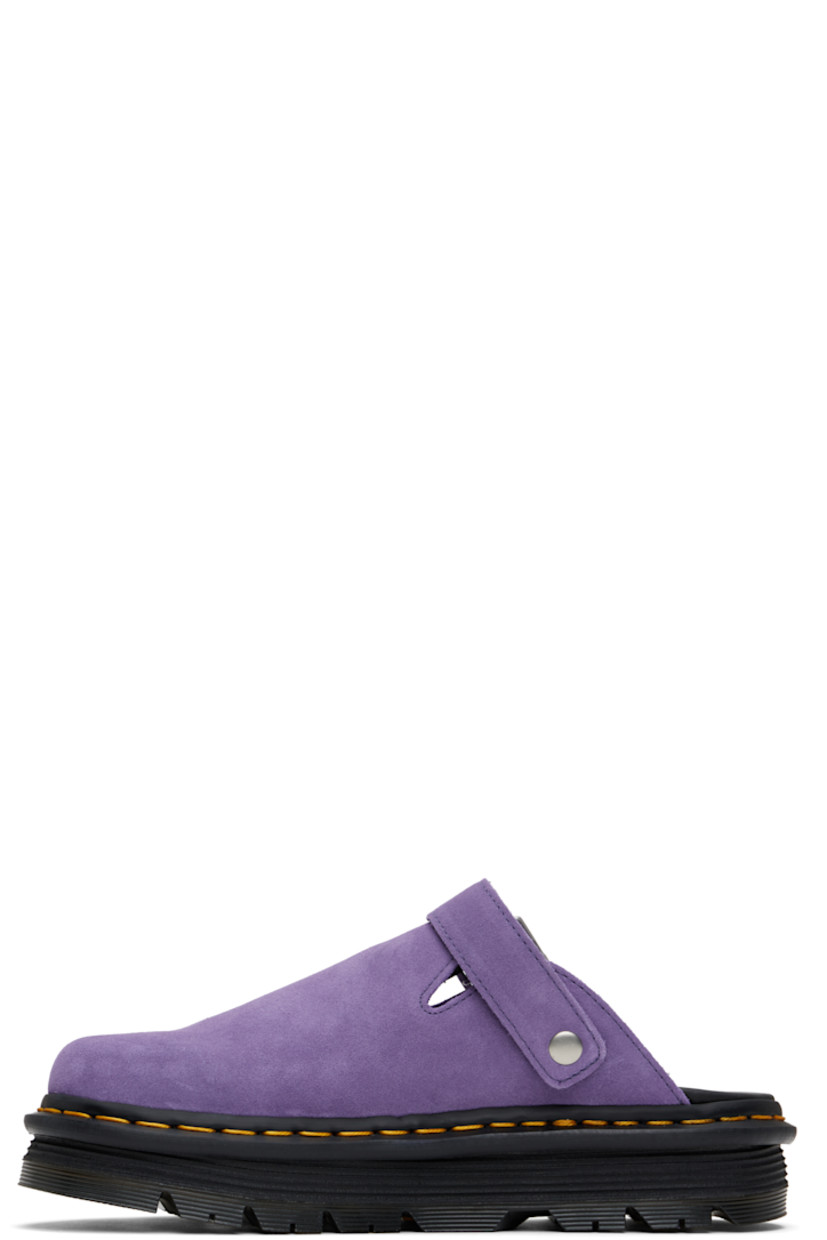 Suede slip-on loafers in purple.

· Convertible pin-buckle slingback strap
· Logo printed at padded footbed
· Buffed faux-leather lining
· Yellow topstitching at heat-sealed Goodyear welt
· Textured rubber platform midsole
· Treaded rubber sole
· Logo-engraved antiqued silver-tone hardware
· Platform: H1.75"

Supplier color: Twilight purple E.H. suede