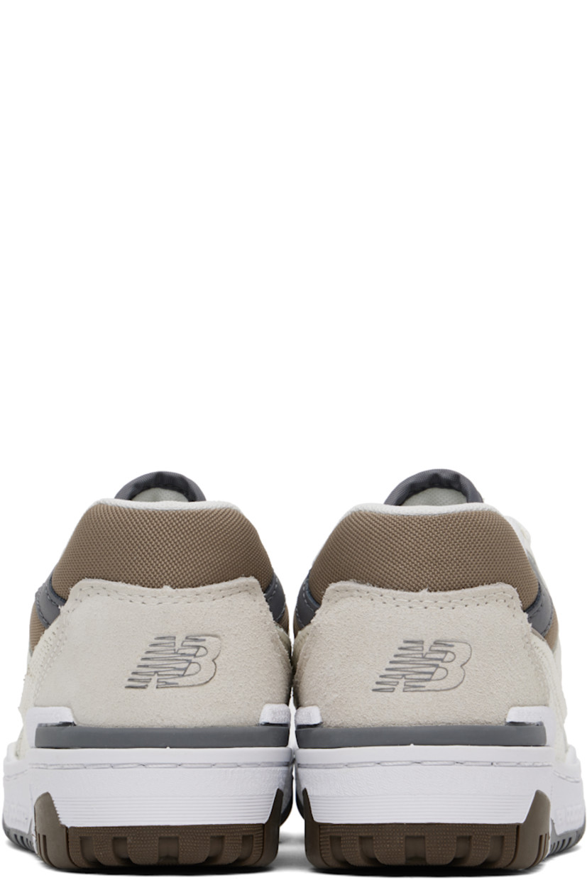 Low-top grained leather, mesh, and faux-suede sneakers in off-white and brown.

· Perforations throughout
· Lace-up closure
· Logo patch at padded tongue
· Padded collar
· Logo appliqué at sides
· Logo embossed at outer side and heel 
· Mesh lining
· Logo embossed at textured rubber midsole
· Treaded rubber sole

Supplier color: Sea salt/Dark mushroom