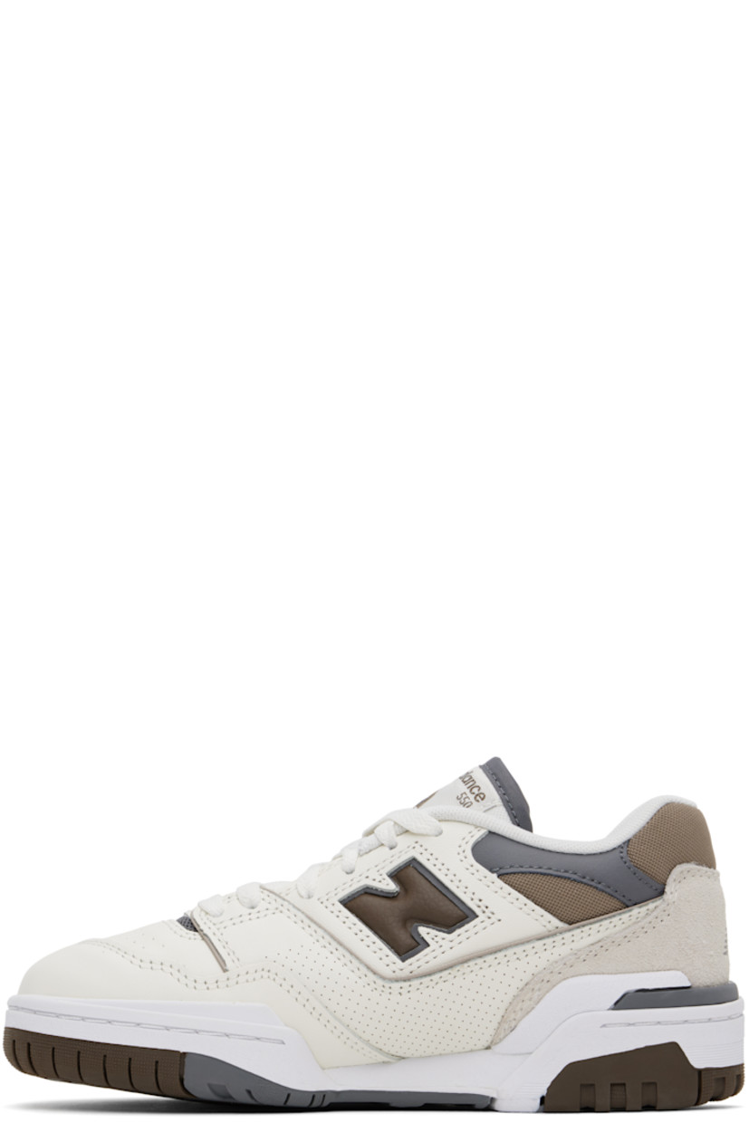 Low-top grained leather, mesh, and faux-suede sneakers in off-white and brown.

· Perforations throughout
· Lace-up closure
· Logo patch at padded tongue
· Padded collar
· Logo appliqué at sides
· Logo embossed at outer side and heel 
· Mesh lining
· Logo embossed at textured rubber midsole
· Treaded rubber sole

Supplier color: Sea salt/Dark mushroom