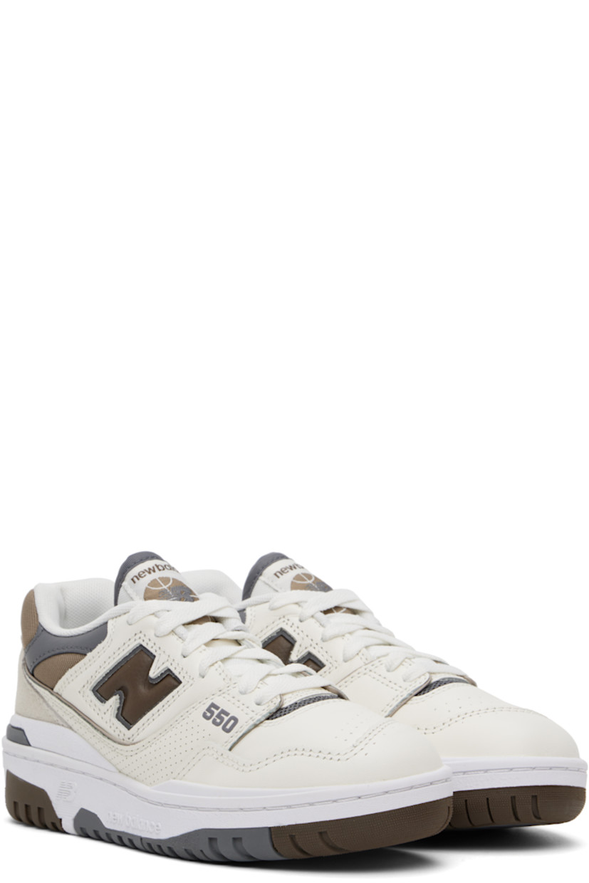 Low-top grained leather, mesh, and faux-suede sneakers in off-white and brown.

· Perforations throughout
· Lace-up closure
· Logo patch at padded tongue
· Padded collar
· Logo appliqué at sides
· Logo embossed at outer side and heel 
· Mesh lining
· Logo embossed at textured rubber midsole
· Treaded rubber sole

Supplier color: Sea salt/Dark mushroom