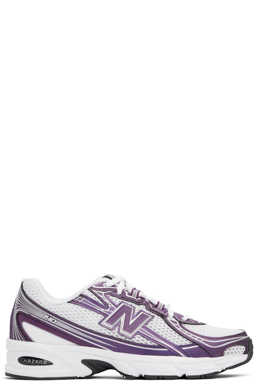 Low-top mesh and buffed faux-leather sneakers in white and purple.

· Lace-up closure
· Logo embossed at vamp and outer side
· Logo patch at padded tongue
· Padded collar
· Logo appliqué at sides
· Logo printed at heel tab
· Mesh lining
· Textured ABZORB foam rubber midsole
· Treaded rubber sole

Supplier color: Concord grape