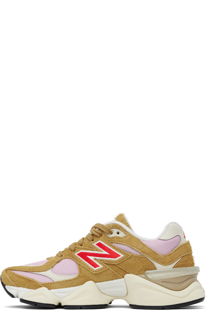 Low-top mesh and pigskin suede sneakers in tan and pink.

· Logo embroidered at vamp and heel tab
· Lace-up closure
· Inset logo patch at padded tongue
· Padded collar
· Logo appliqué at sides
· Jersey lining
· CR stability device at heel
· ABZORB SBS foam rubber midsole
· Treaded rubber sole

Supplier color: Great plains/Twilight haze/True red