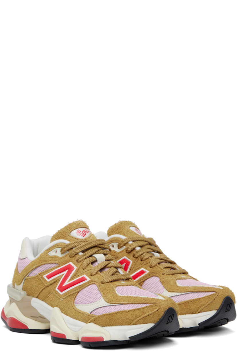 Low-top mesh and pigskin suede sneakers in tan and pink.

· Logo embroidered at vamp and heel tab
· Lace-up closure
· Inset logo patch at padded tongue
· Padded collar
· Logo appliqué at sides
· Jersey lining
· CR stability device at heel
· ABZORB SBS foam rubber midsole
· Treaded rubber sole

Supplier color: Great plains/Twilight haze/True red