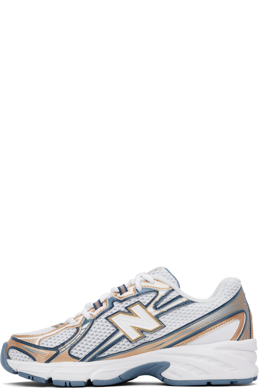 Low-top mesh and grained faux-leather sneakers in white and tan.

· Reflective trim throughout
· Logo printed at vamp and heel tab
· Lace-up closure
· Logo patch at padded tongue
· Padded collar
· Logo appliqué at sides
· Mesh lining
· ABZORB foam rubber midsole
· Treaded rubber sole

Supplier color: Heron blue/Vintage indigo/Gold metallic