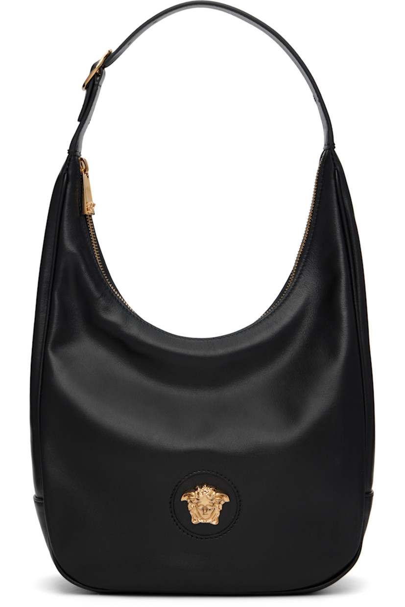 Buffed calfskin shoulder bag.

· Adjustable shoulder strap
· Medusa hardware at face
· Logo stamp at back face
· Zip closure
· Cotton twill lining
· H12" x W10" x D3.5"

Supplier color: Black/Gold