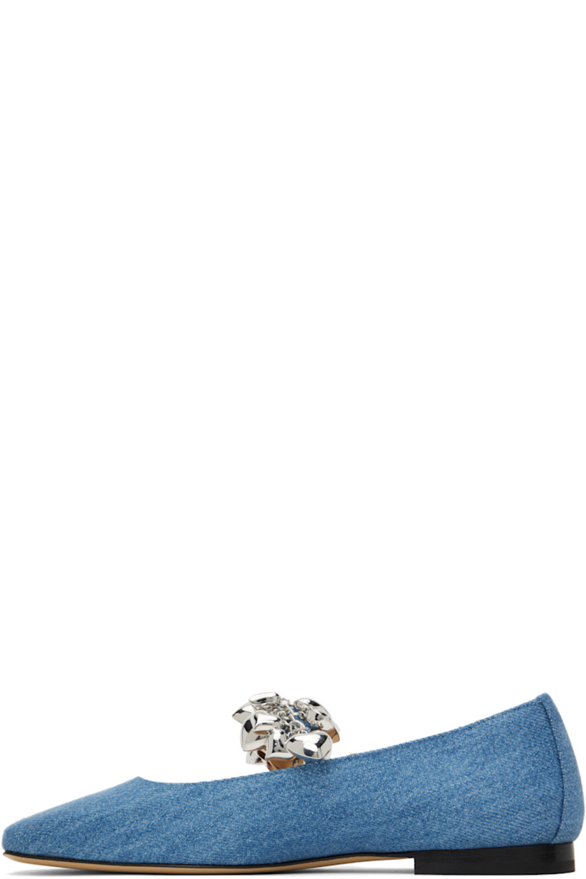 Denim Mary Jane-style ballerina flats in blue. Graphic and crystal-cut charms at partially elasticized pin-buckle strap.

· Square toe
· Grained leather lining
· Stacked leather heel with rubber injection
· Leather sole

Supplier color: Blue