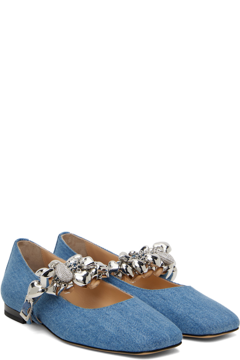 Denim Mary Jane-style ballerina flats in blue. Graphic and crystal-cut charms at partially elasticized pin-buckle strap.

· Square toe
· Grained leather lining
· Stacked leather heel with rubber injection
· Leather sole

Supplier color: Blue