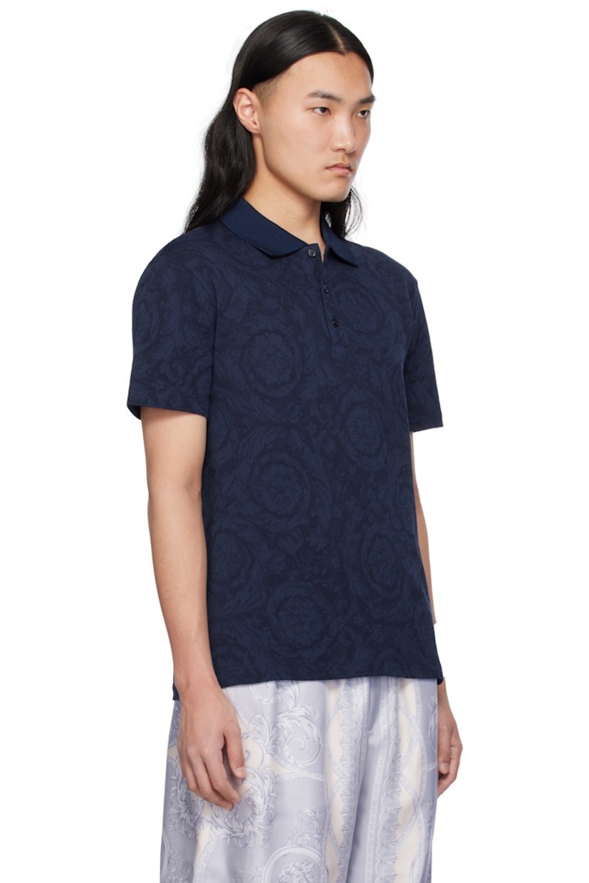 Cotton piqué polo. Jacquard graphic pattern throughout.

· Rib-knit spread collar
· Three-button placket

Supplier color: Blue
