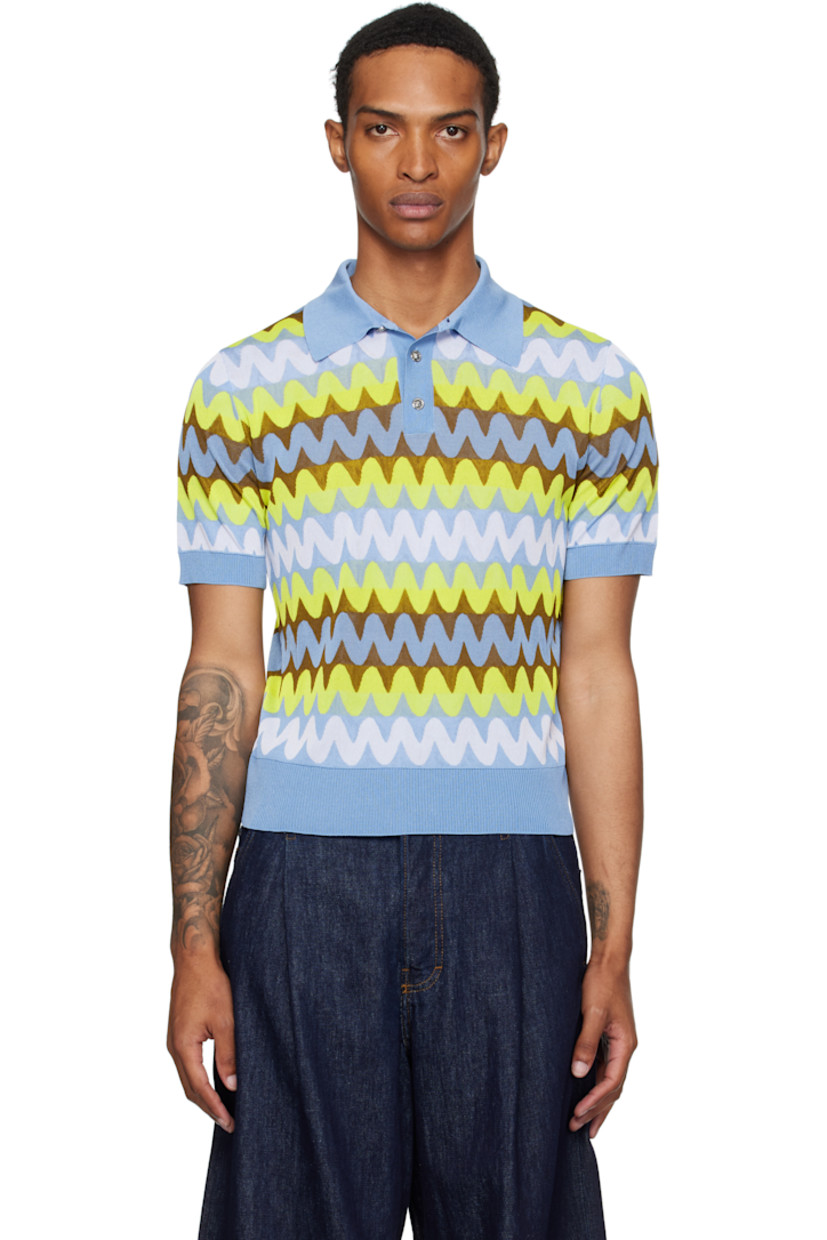 Stretch knit viscose-blend polo.

· Jacquard stripes throughout 
· Rib-knit spread collar, hem, and cuffs 
· Three-button placket
· Logo-engraved silver-tone hardware

Supplier color: Light blue/Multicolor