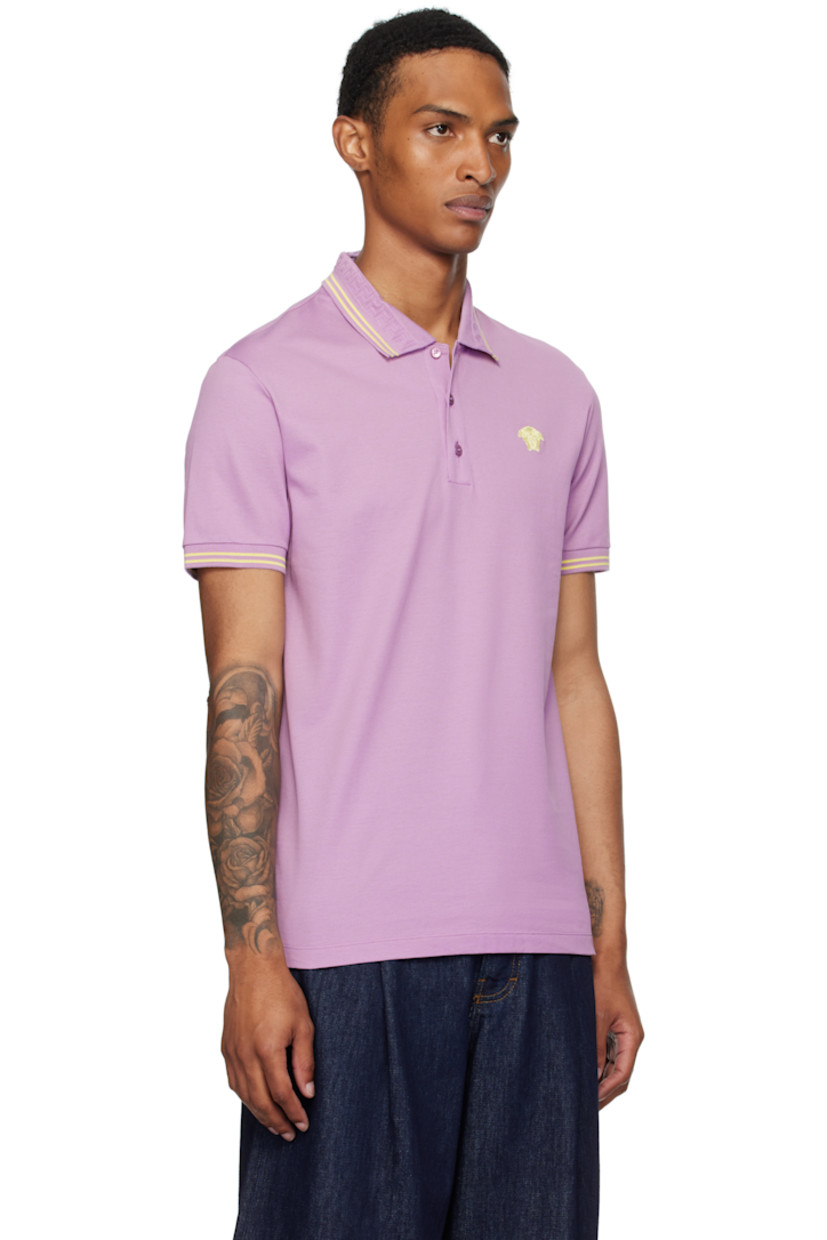 Cotton piqué polo.

· Stripes at rib-knit spread collar and cuffs
· Jacquard Greek key pattern at collar
· Three-button placket
· Embroidered logo at chest

Supplier color: Purple