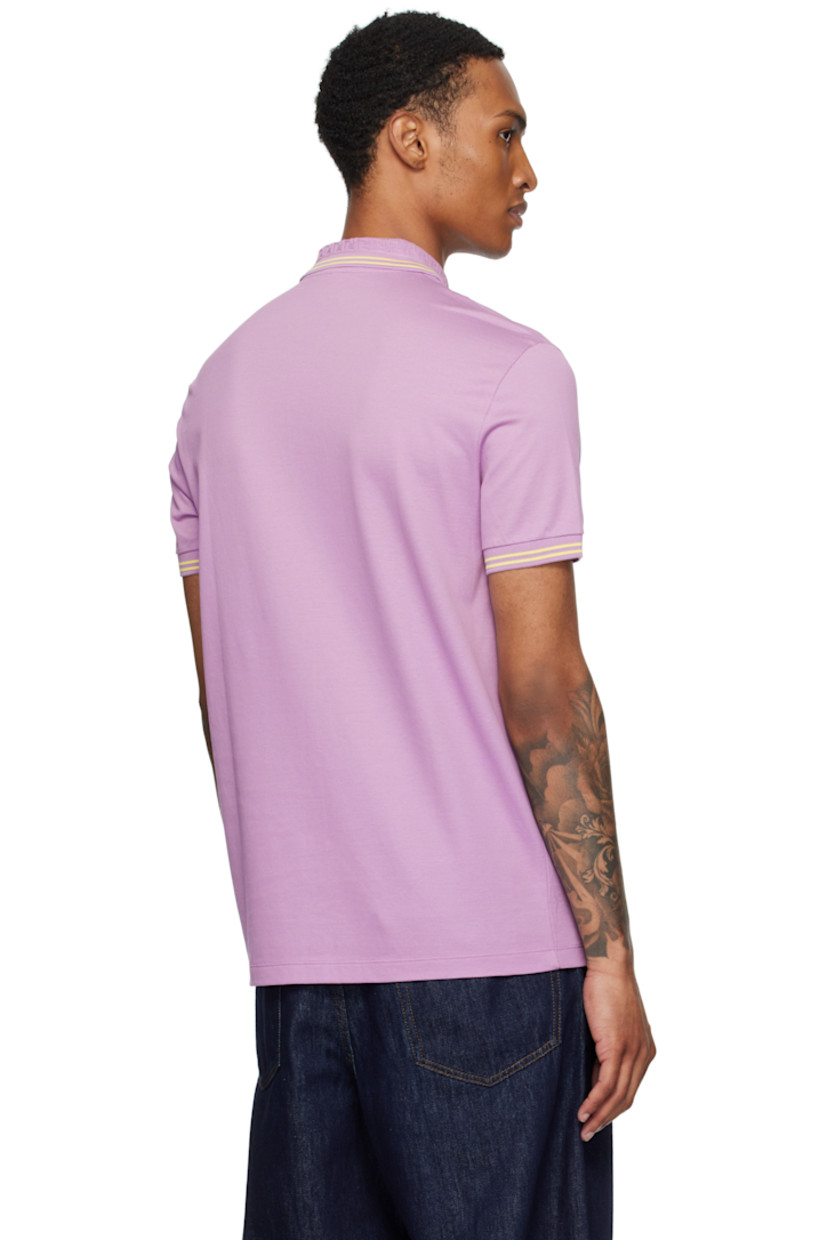 Cotton piqué polo.

· Stripes at rib-knit spread collar and cuffs
· Jacquard Greek key pattern at collar
· Three-button placket
· Embroidered logo at chest

Supplier color: Purple