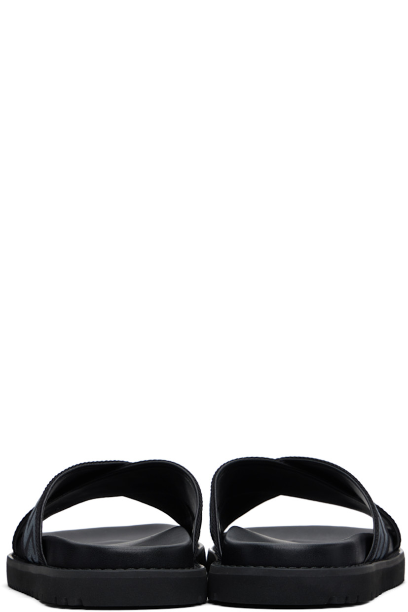 Webbing slip-on sandals in black.

· Open toe
· Jacquard Greek key at crisscrossing vamp straps
· Logo embossed at molded leather footbed
· Buffed leather lining
· Topstitching at welt
· Treaded foam rubber sole

Supplier color: Black/Anthracite