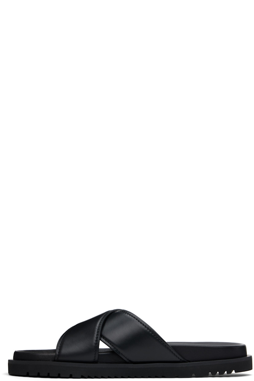 Buffed calfskin slip-on sandals in black.

· Open toe
· Crisscrossing straps at vamp
· Logo hardware at outer side
· Logo embossed at molded leather footbed
· Buffed lambskin lining
· Treaded rubber sole

Supplier color: Black