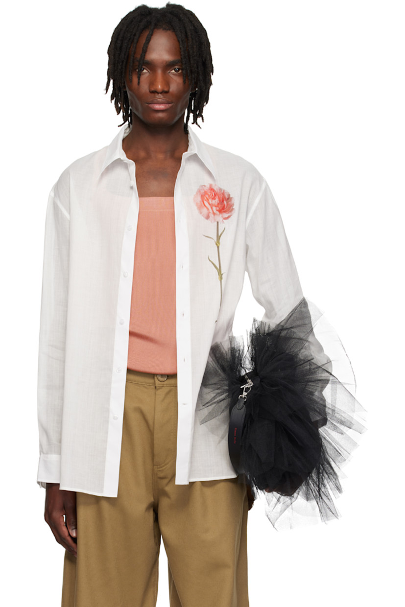 Plain-woven wool- and cotton-blend shirt.

· Spread collar
· Button closure
· Floral graphic and logo printed at front
· Pleats at buttoned barrel cuffs
· Box pleat at back yoke

Supplier color: White