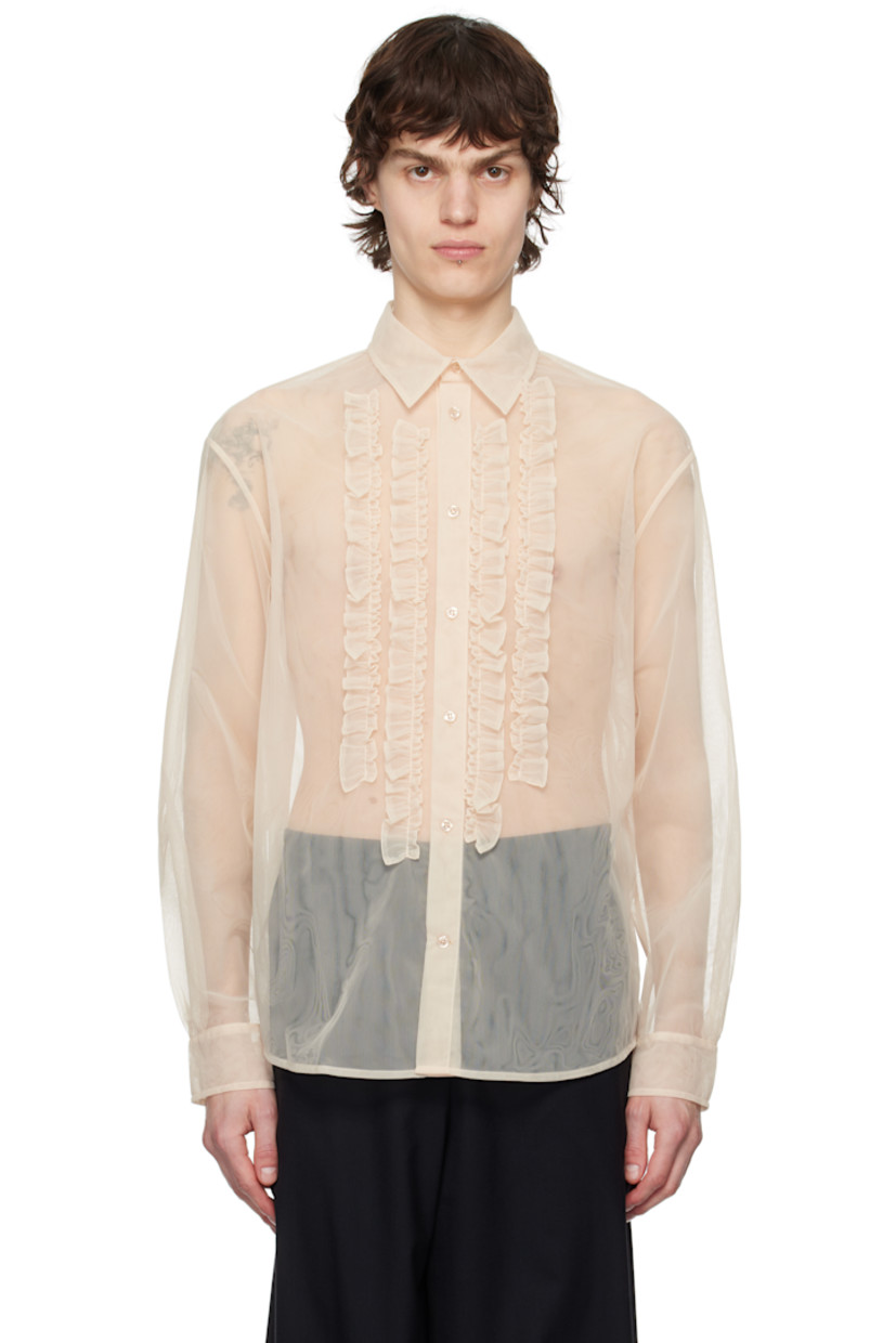 Sheer nylon tulle shirt.

· Spread collar
· Button closure
· Ruffles at front
· Shirttail hem
· Pleated single-button barrel cuffs
· Box pleat at back yoke

Supplier color: Pink