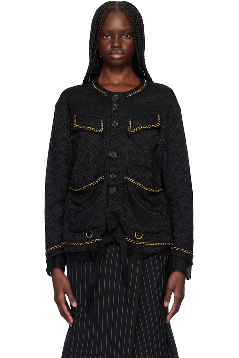 Stretch acrylic-blend brocade jacket. Jacquard graphic pattern and curb chain appliqués throughout.

· Round neck
· Button closure
· Flap and patch pockets
· D-rings at front
· Chiffon trim and frayed edge at hem and cuffs
· Cutout at elbows
· Full chiffon lining

Supplier color: Black base