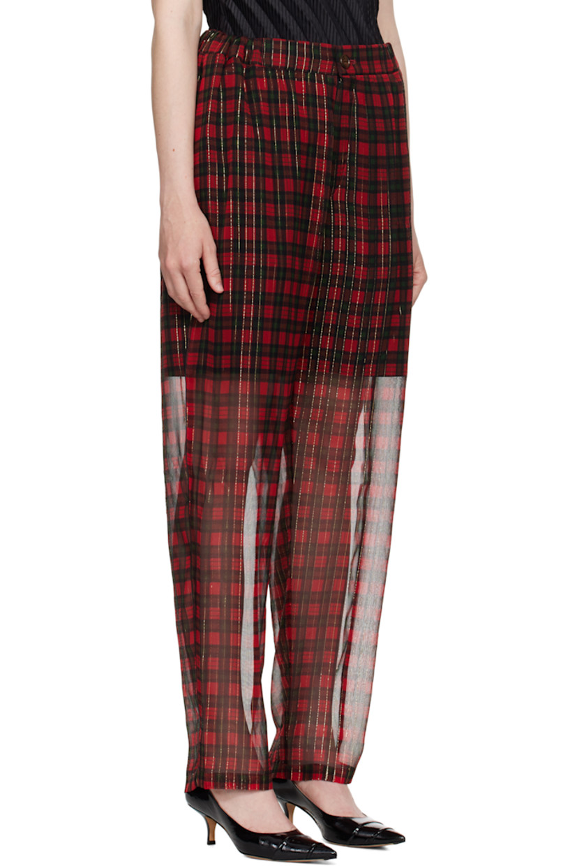 Semi-sheer silk-blend gauze trousers. Check pattern and metallic thread detailing throughout.

· Concealed drawstring at elasticized waistband
· Three-pocket styling
· Zip fly
· Partial poplin lining

Supplier color: Red ck