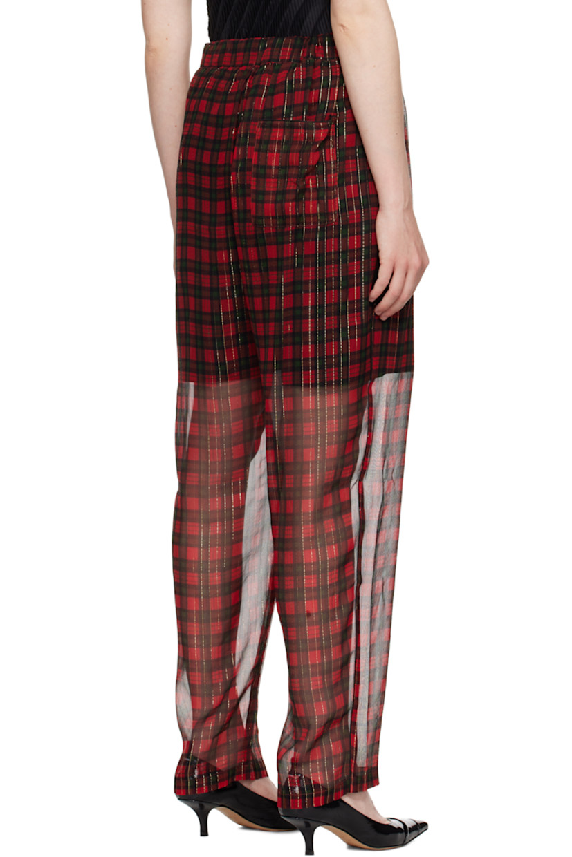 Semi-sheer silk-blend gauze trousers. Check pattern and metallic thread detailing throughout.

· Concealed drawstring at elasticized waistband
· Three-pocket styling
· Zip fly
· Partial poplin lining

Supplier color: Red ck