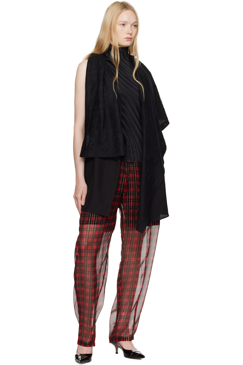 Semi-sheer silk-blend gauze trousers. Check pattern and metallic thread detailing throughout.

· Concealed drawstring at elasticized waistband
· Three-pocket styling
· Zip fly
· Partial poplin lining

Supplier color: Red ck