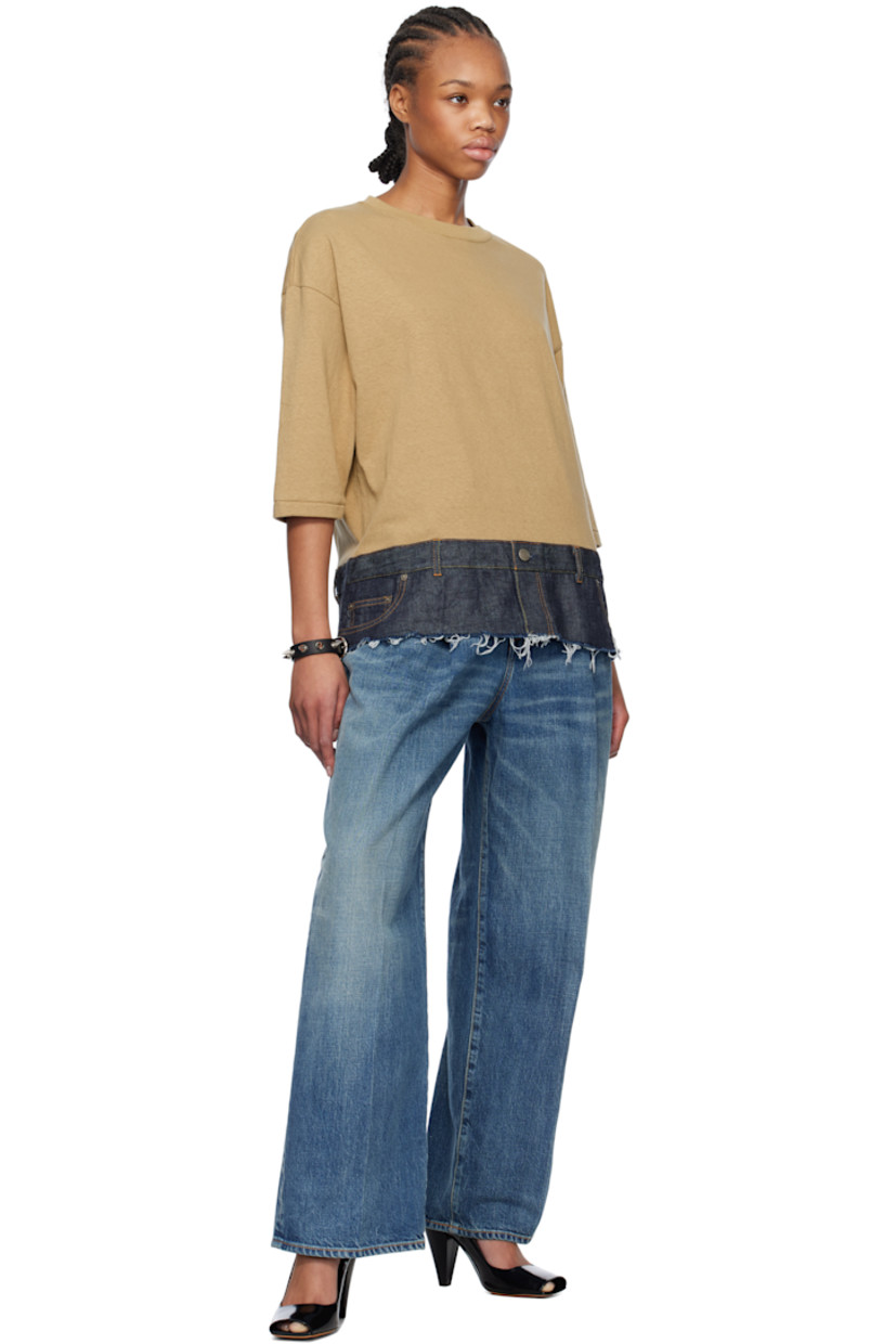 Cotton jersey and non-stretch denim T-shirt. 

· Paneled construction
· Rib-knit crewneck
· Belt loops and patch pockets at hem
· Frayed edge at hem 
· Dropped shoulders
· Logo-engraved antiqued silver-tone hardware 
· Contrast stitching in tan

Supplier color: Beige