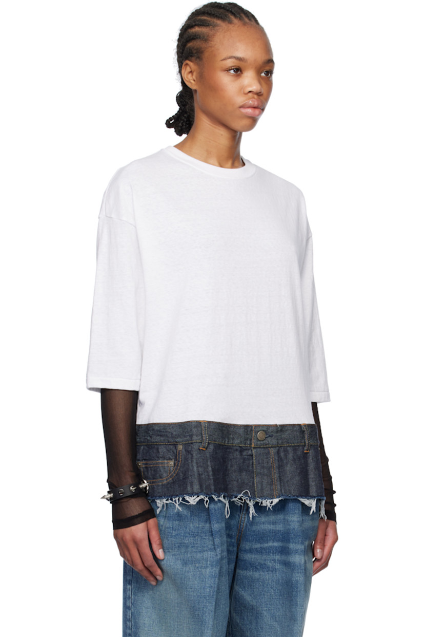 Cotton jersey and non-stretch denim T-shirt. 

· Paneled construction
· Rib-knit crewneck
· Belt loops and patch pockets at hem
· Frayed edge at hem 
· Dropped shoulders
· Logo-engraved antiqued silver-tone hardware 
· Contrast stitching in tan

Supplier color: White